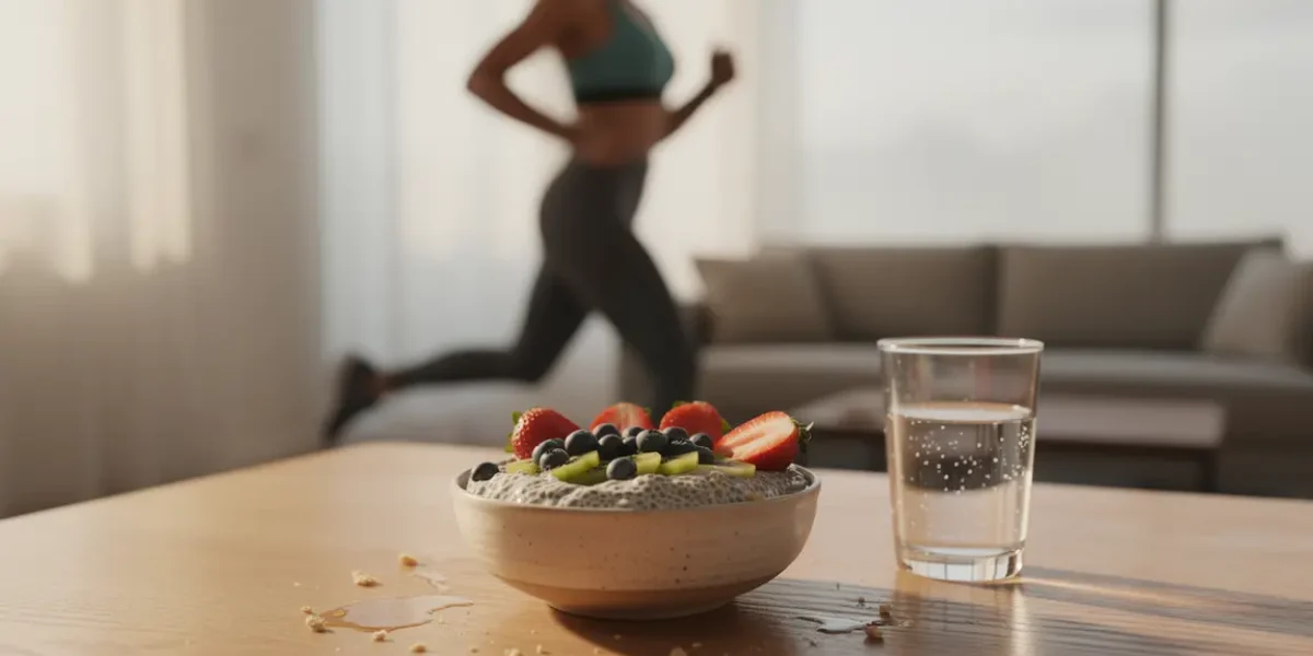 Pudding chia fruits frais et eau petit-déjeuner sportif