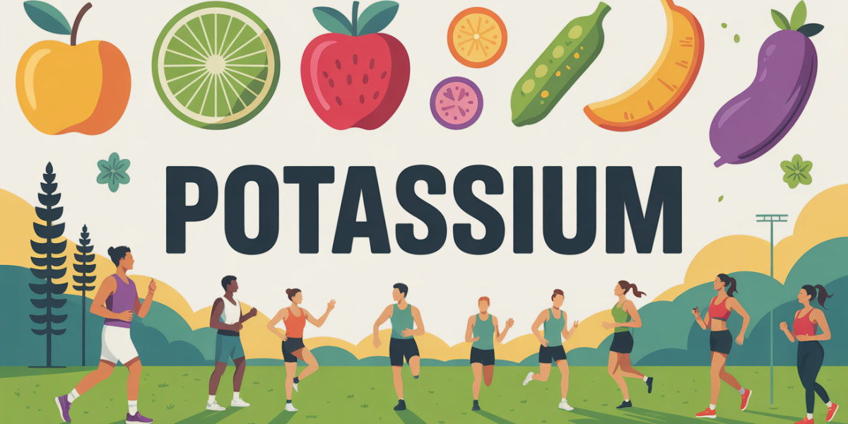 Scène sportive inclusive avec sportifs, fruits et legumes illustrés, mot POTASSIUM