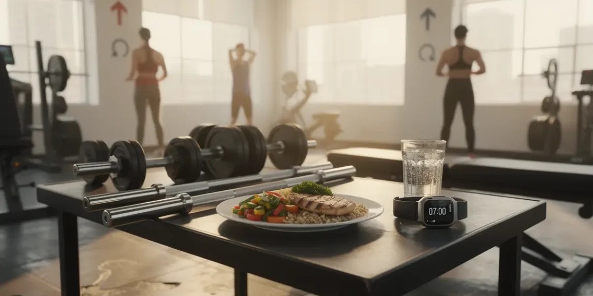 Salle de sport prise de masse, haltères, assiettes équilibrées, hydratation